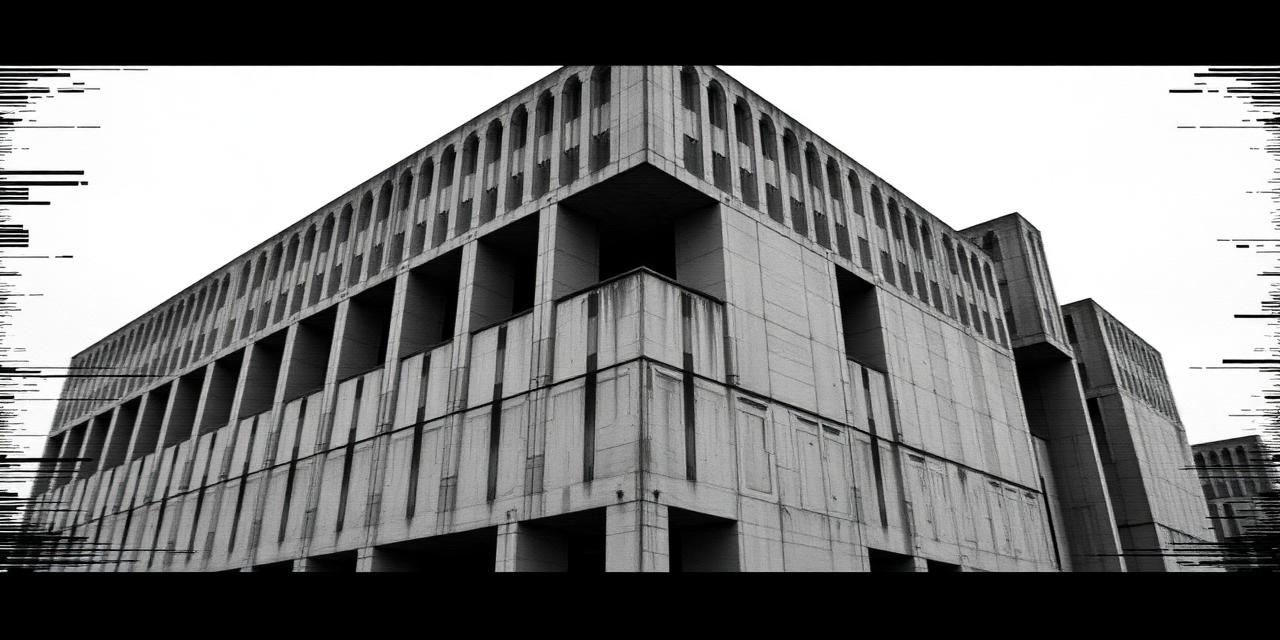 Brutalist concrete architecture distorted by digital glitch